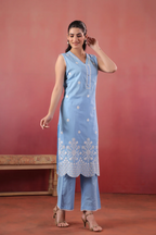 Sky Blue Cotton Embroidered Designer Kurta Pant Set