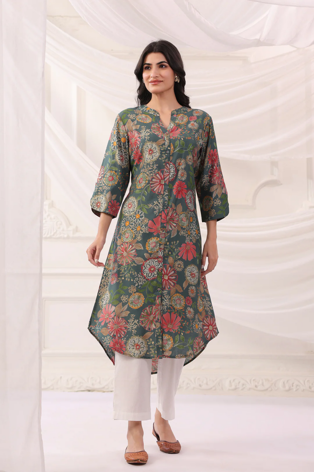 Green Poly Silk Floral Printed A-Line Kurta