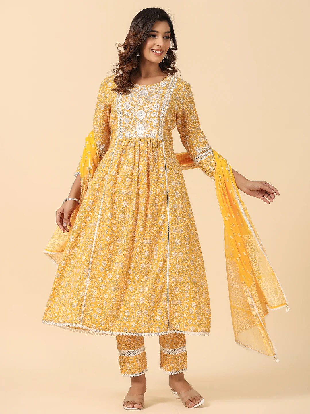 Yellow Cotton Hand Block Printed Embroidered A Line Kurta Pant Set with Dupatta