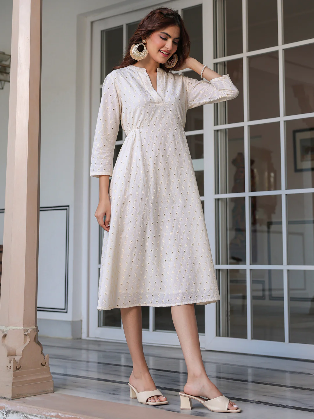 Women's Off White Pure Cotton Schiffli A-Line Dress