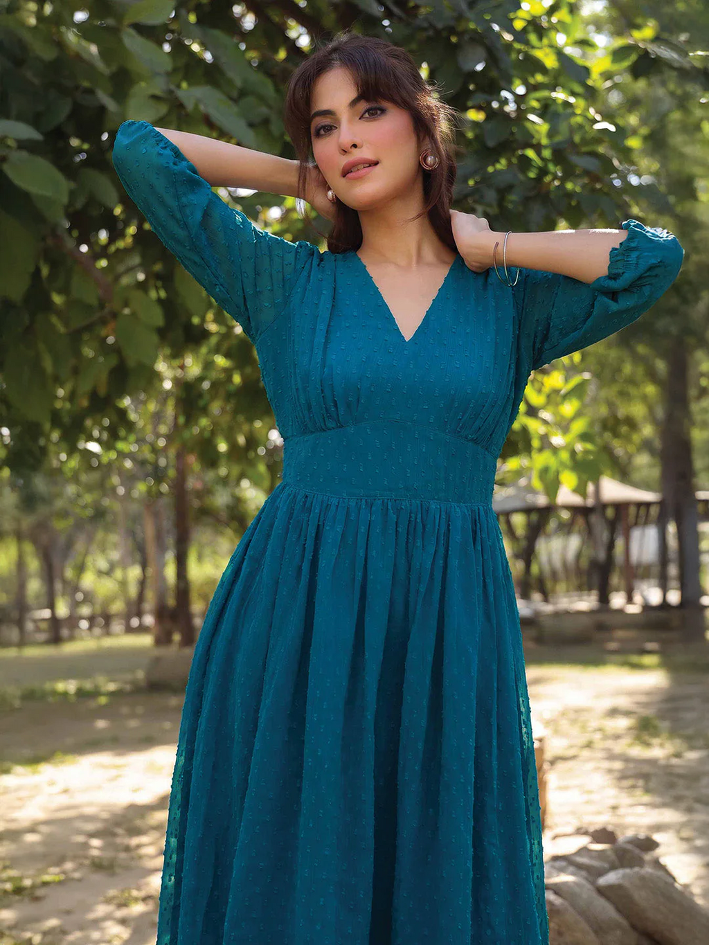 Women's Teal Blue Dobby Chiffon Self Design Fit & Flare Dress