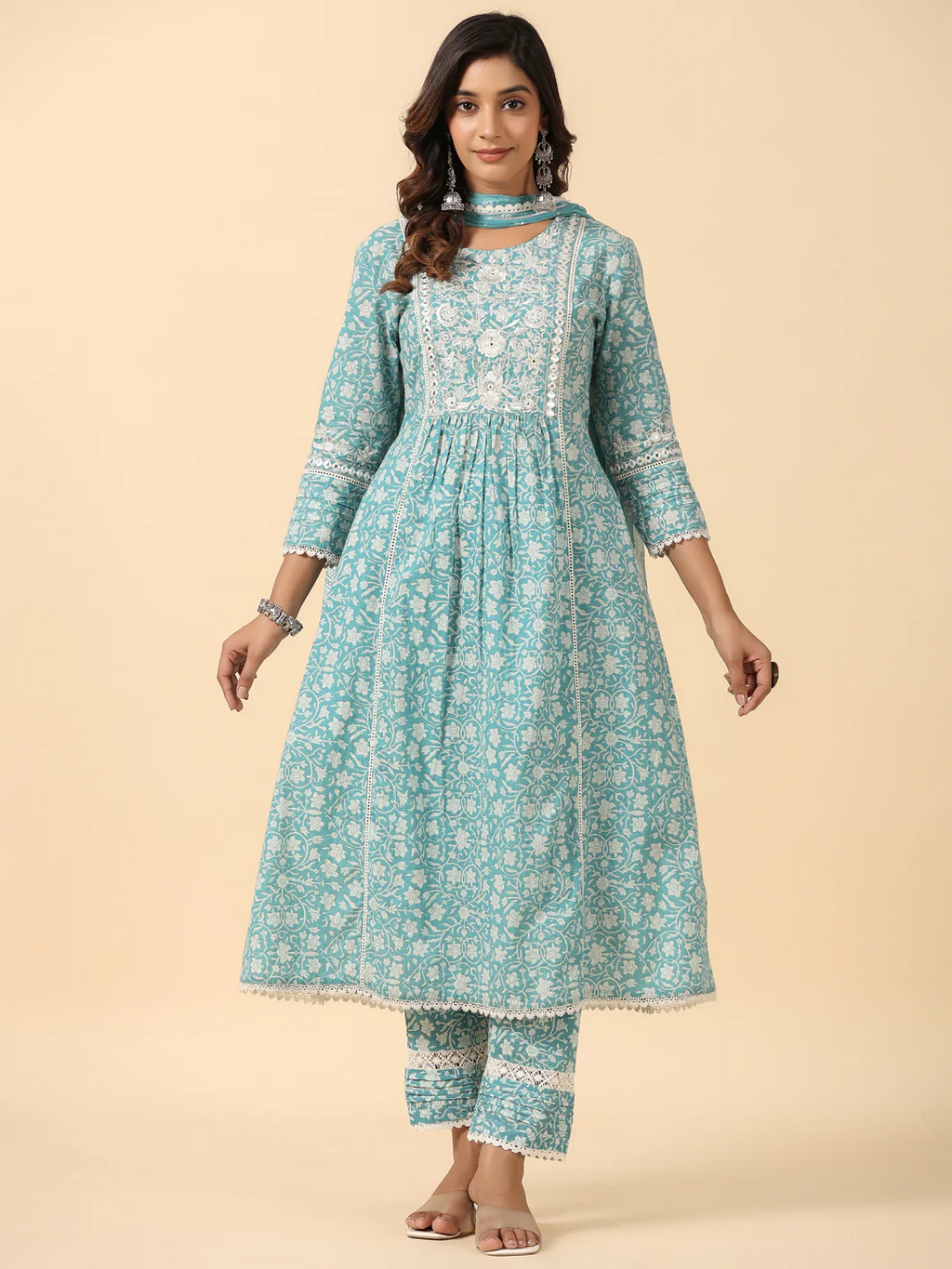 Blue Viscose Rayon Floral Print Zari Work A-Line Kurta Pant Dupatta Set