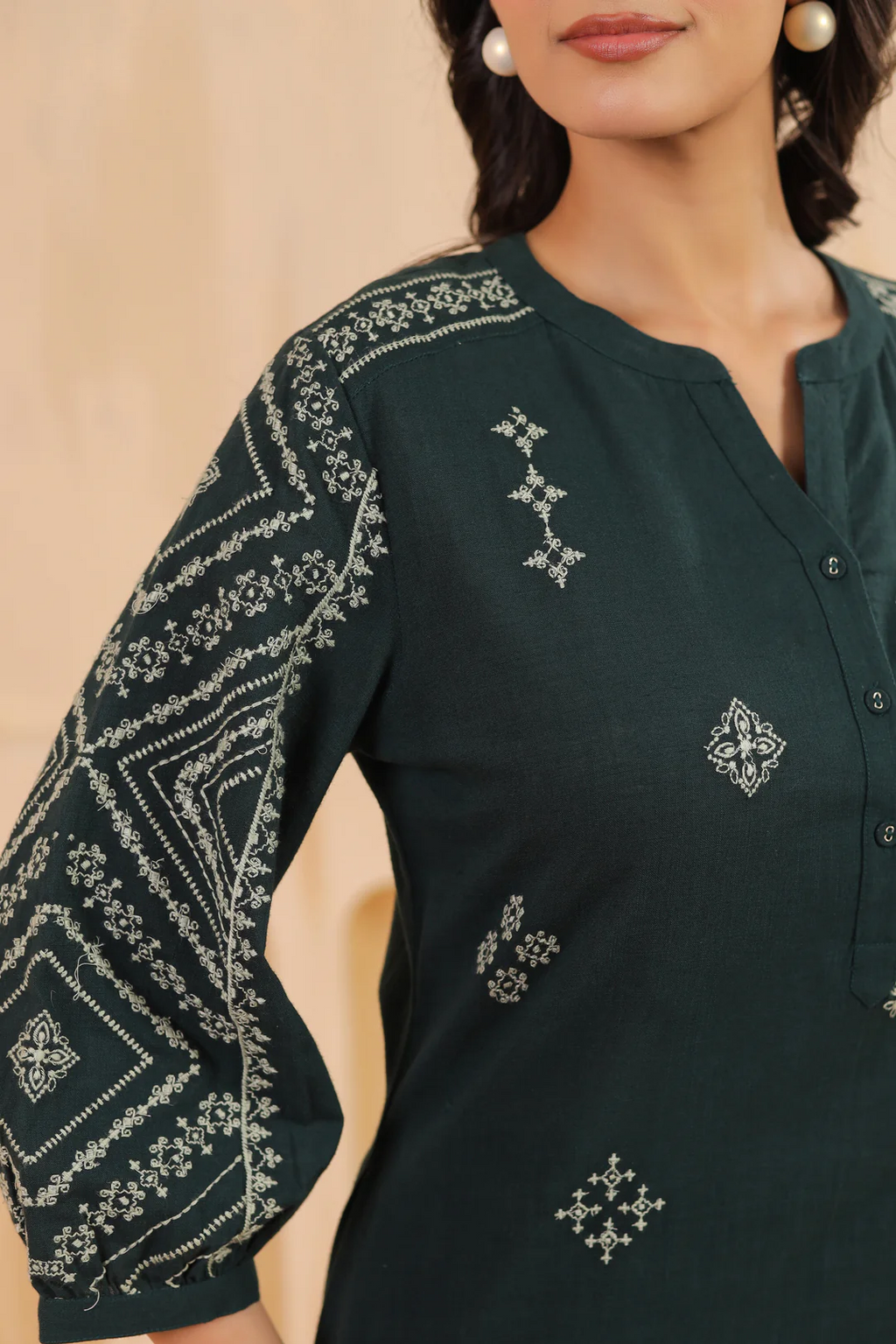Green Cotton Slub Embroidered Designer Kurta Pant Set