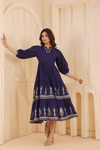 Blue Cotton Floral Printed Flared Dress