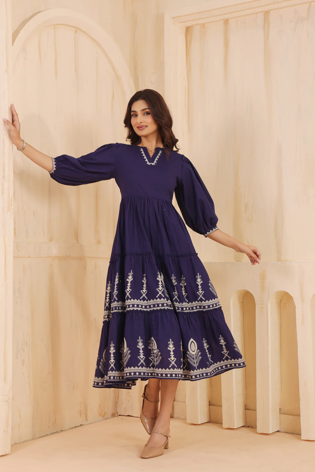 Blue Cotton Floral Printed Flared Dress