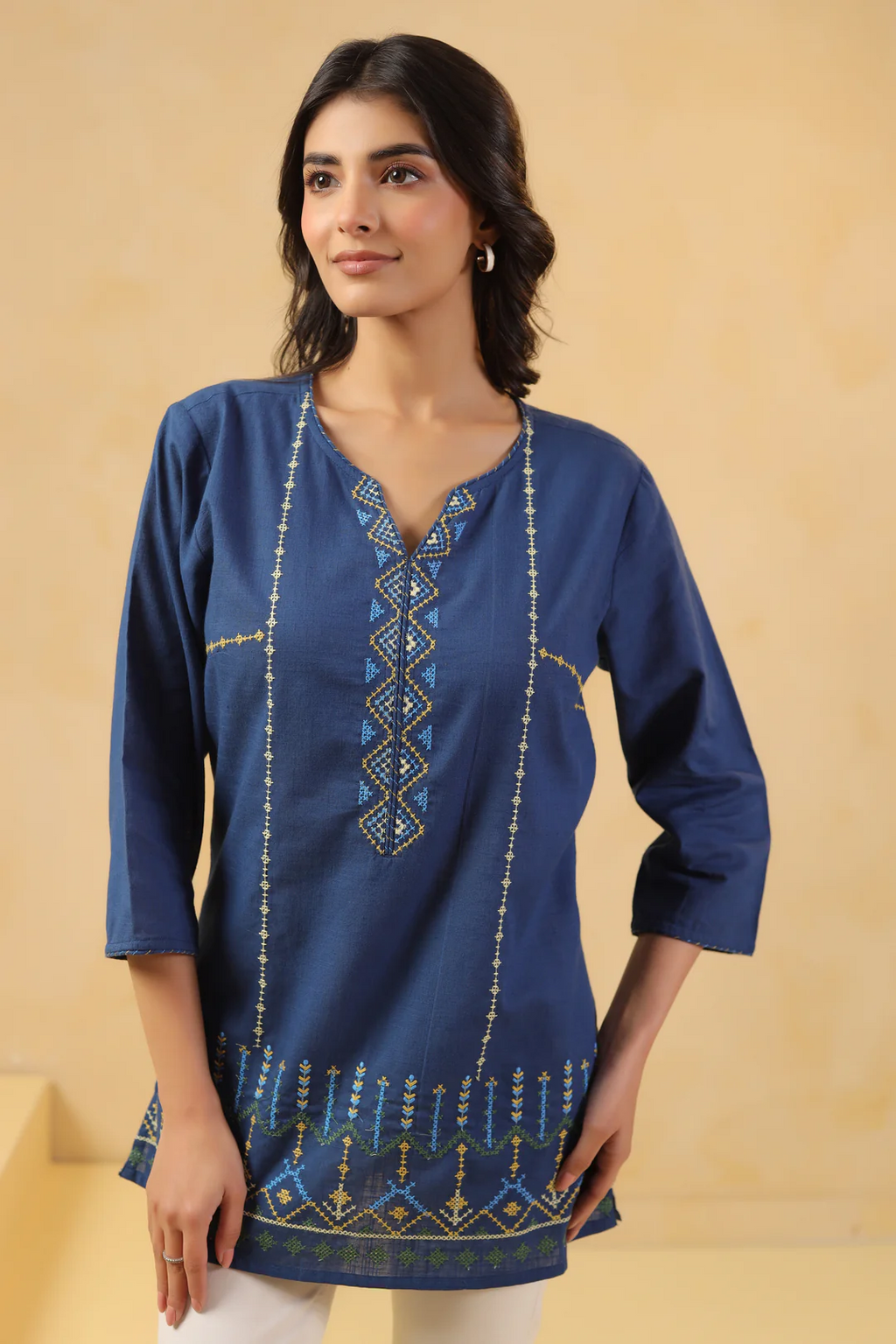 Blue Cotton Embroidered Designer Top