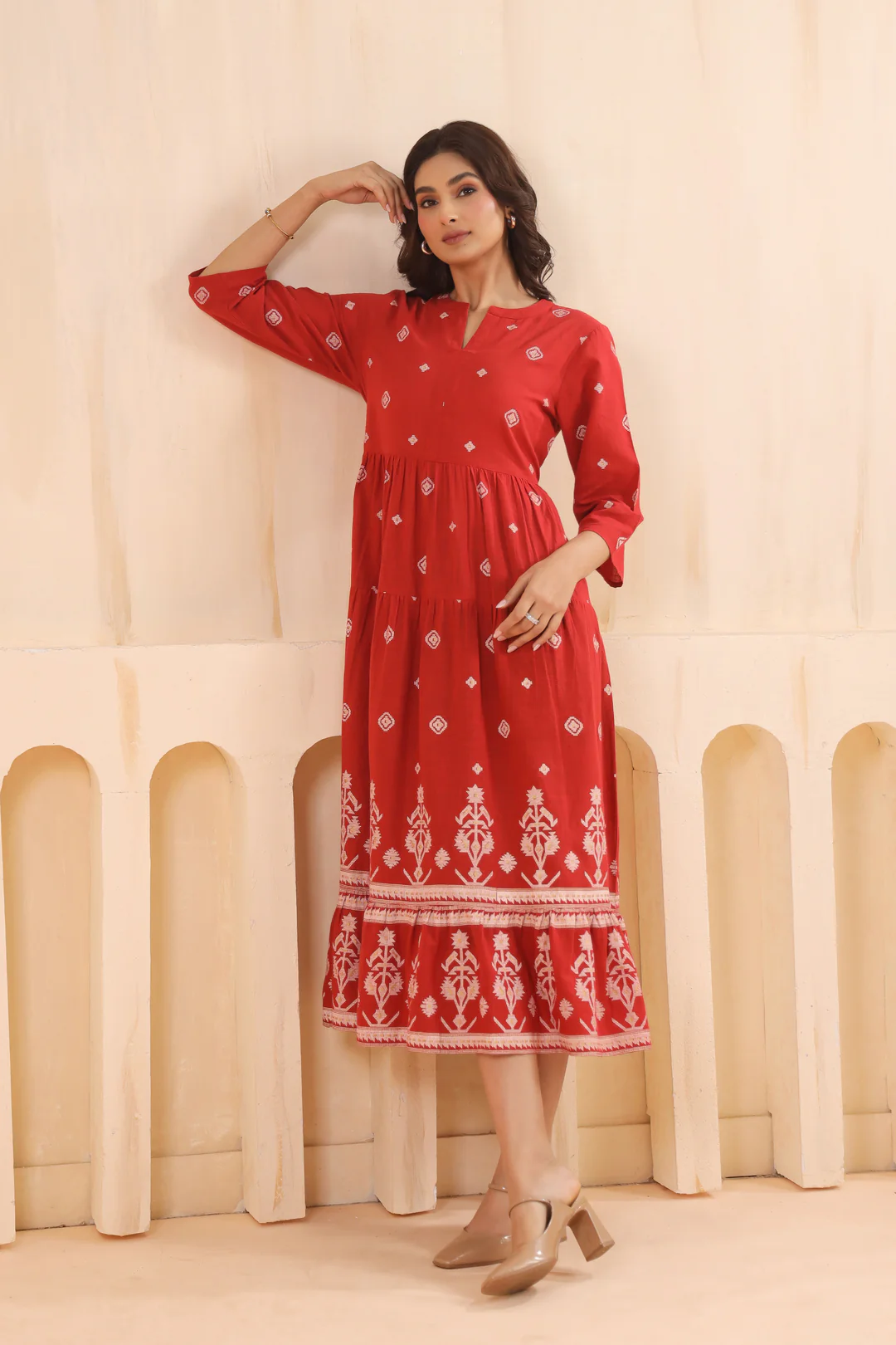 Rust Cotton Slub Printed Designer Flared Dress