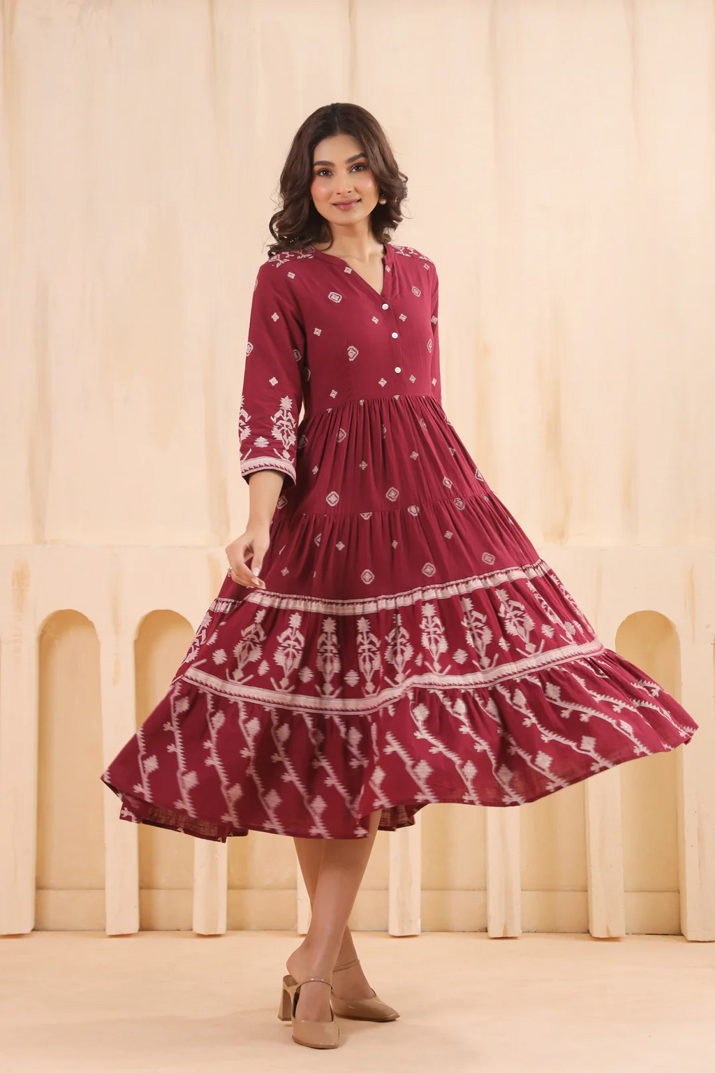 Maroon Cotton Slub Printed Flared Dress