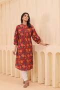 Red Cotton Printed Straight Kurta