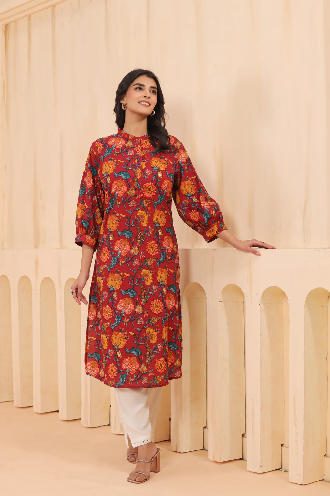 Red Cotton Printed Straight Kurta