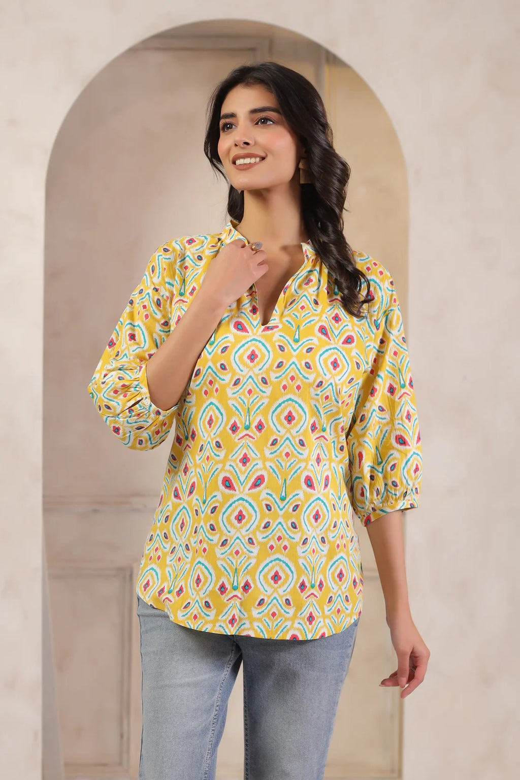 Yellow Cotton Printed Designer Top