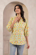 Yellow Cotton Printed Designer Top