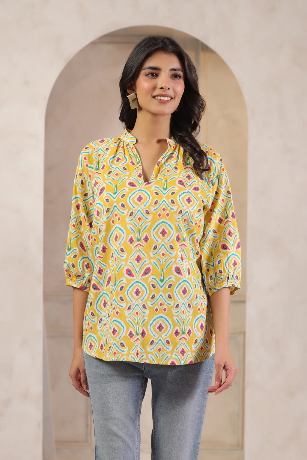 Yellow Cotton Printed Designer Top