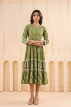 Green Cotton Slub Printed Flared Dress