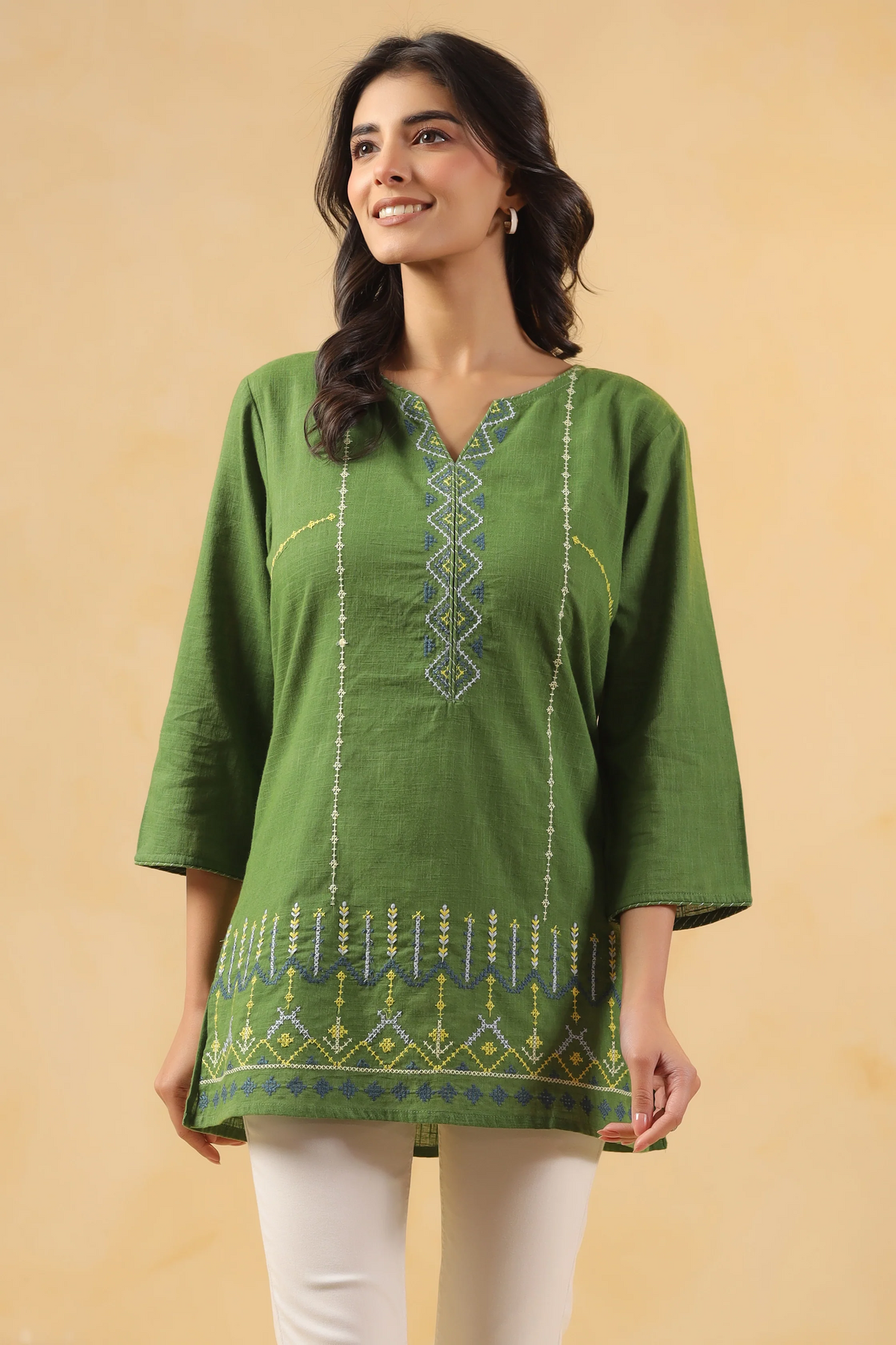 Green Cotton Embroidered Designer Top
