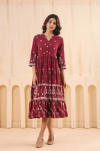Maroon Cotton Slub Printed Flared Dress