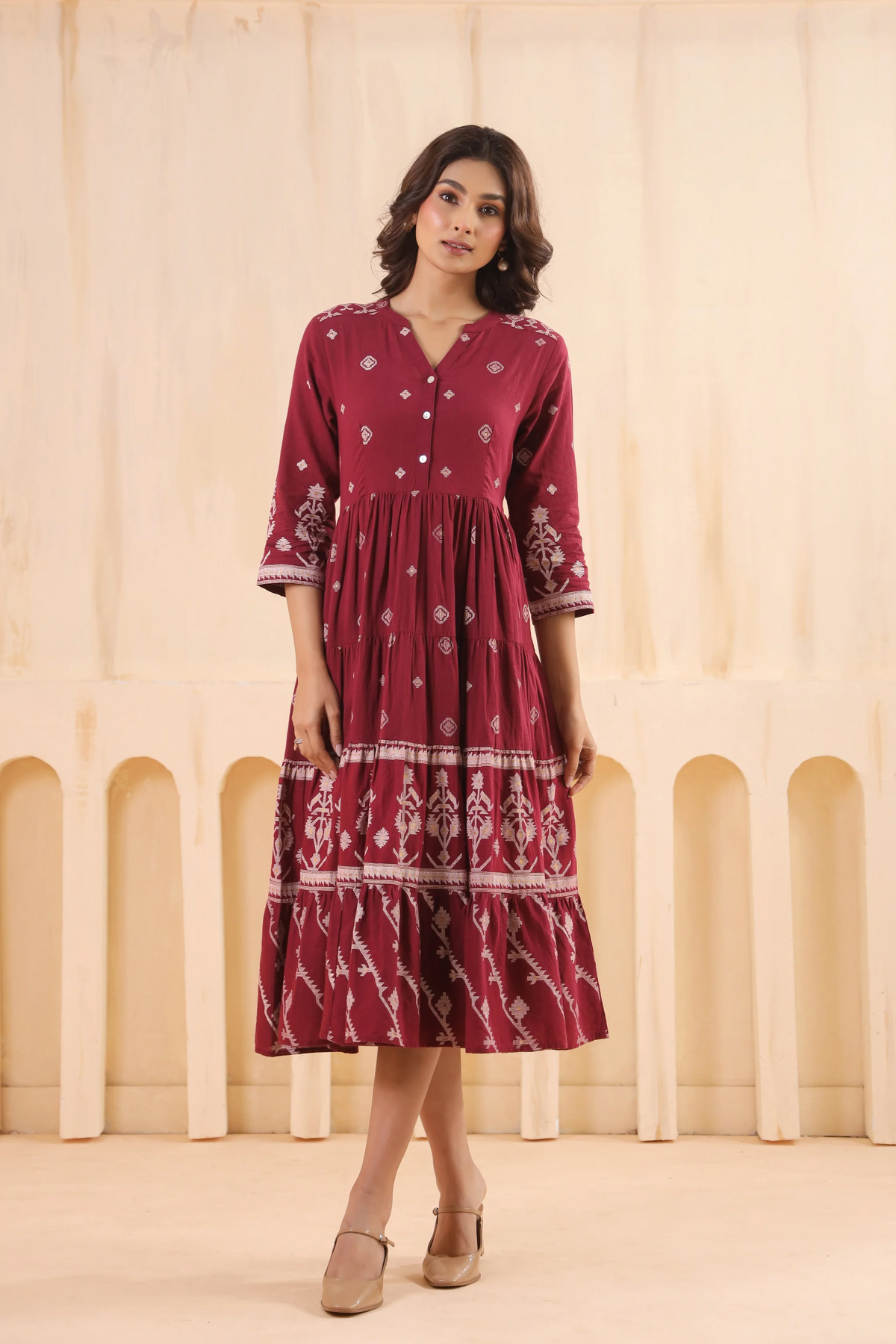 Maroon Cotton Slub Printed Flared Dress