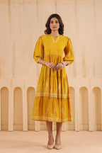Yellow Cotton Printed Designer Flared Dress