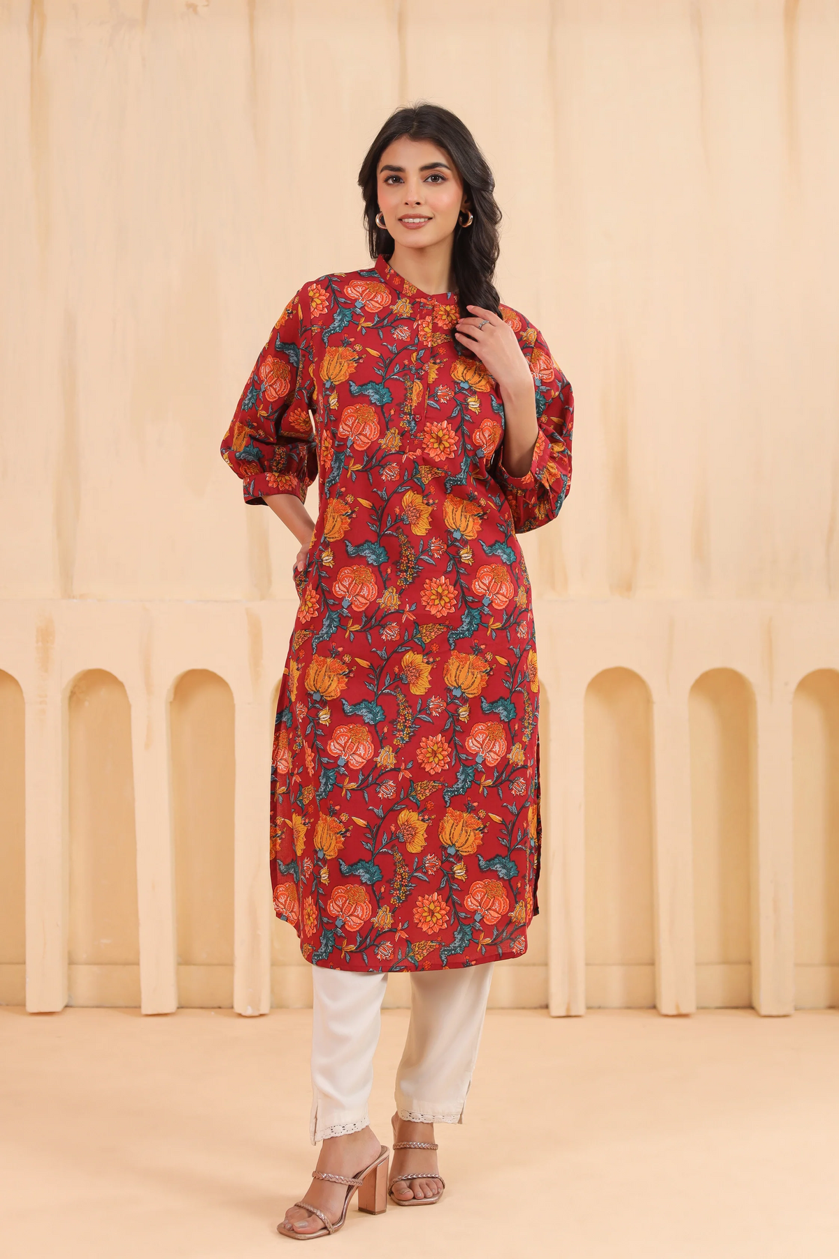 Red Cotton Printed Straight Kurta