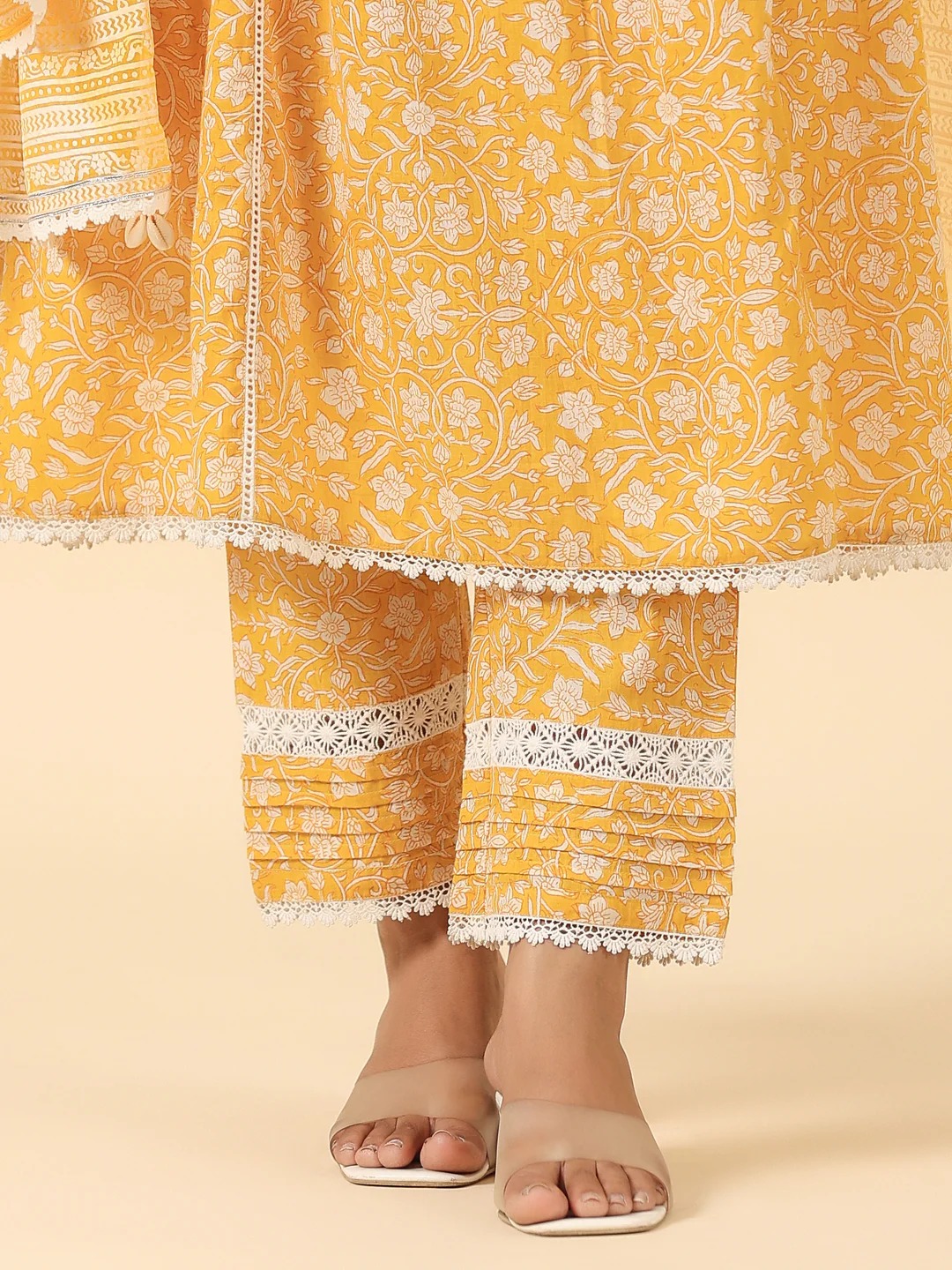 Yellow Cotton Hand Block Printed Embroidered A Line Kurta Pant Set with Dupatta