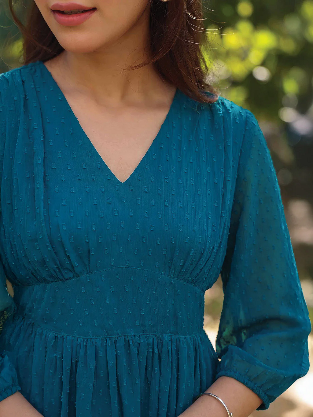 Women's Teal Blue Dobby Chiffon Self Design Fit & Flare Dress
