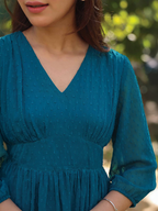 Women's Teal Blue Dobby Chiffon Self Design Fit & Flare Dress
