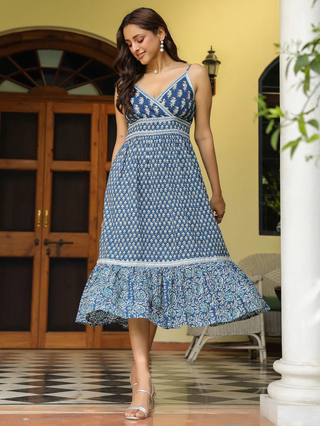 Navy Blue Cotton Printed Strappy Flared Dress