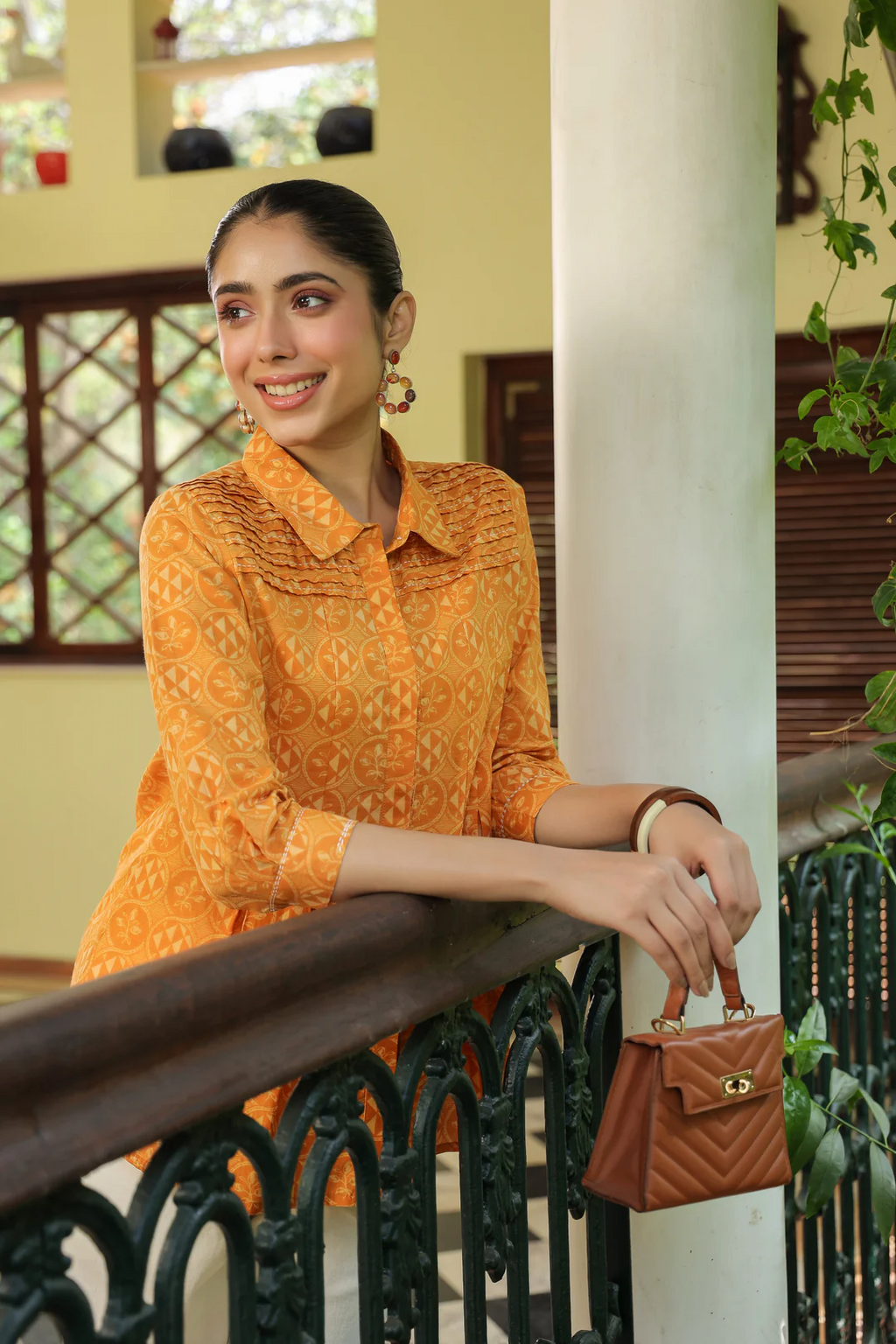 Mustard Cotton Detailed Printed Designer A-Line Top