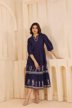 Blue Cotton Floral Printed Flared Dress
