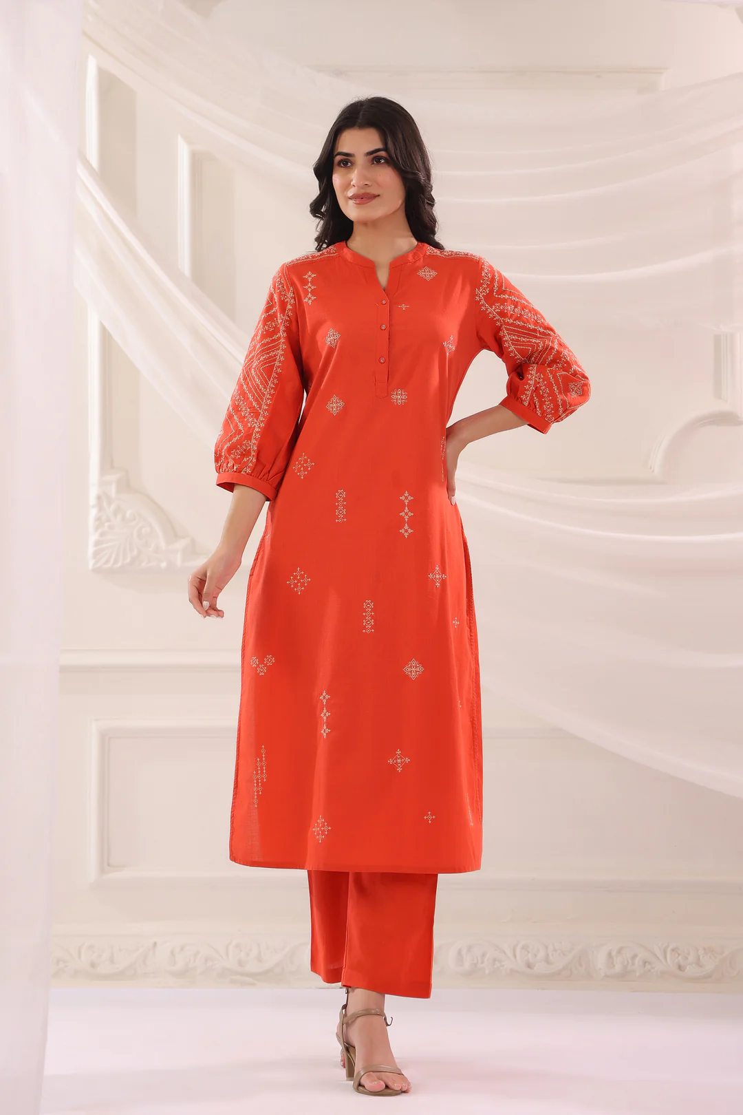 Rust Cotton Slub Embroidered Kurta Pant Set