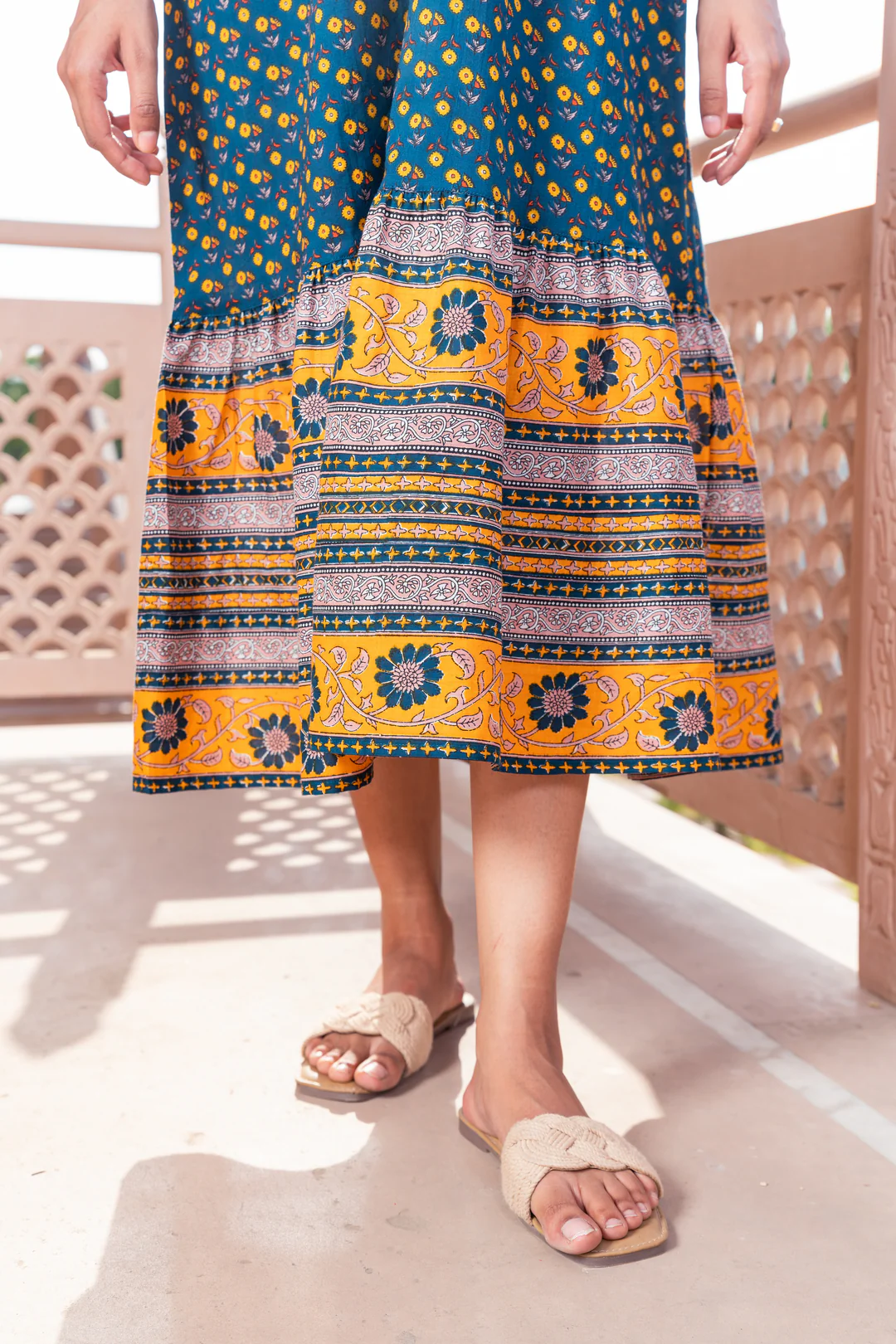 Teal Green Cotton Printed Designer Dress