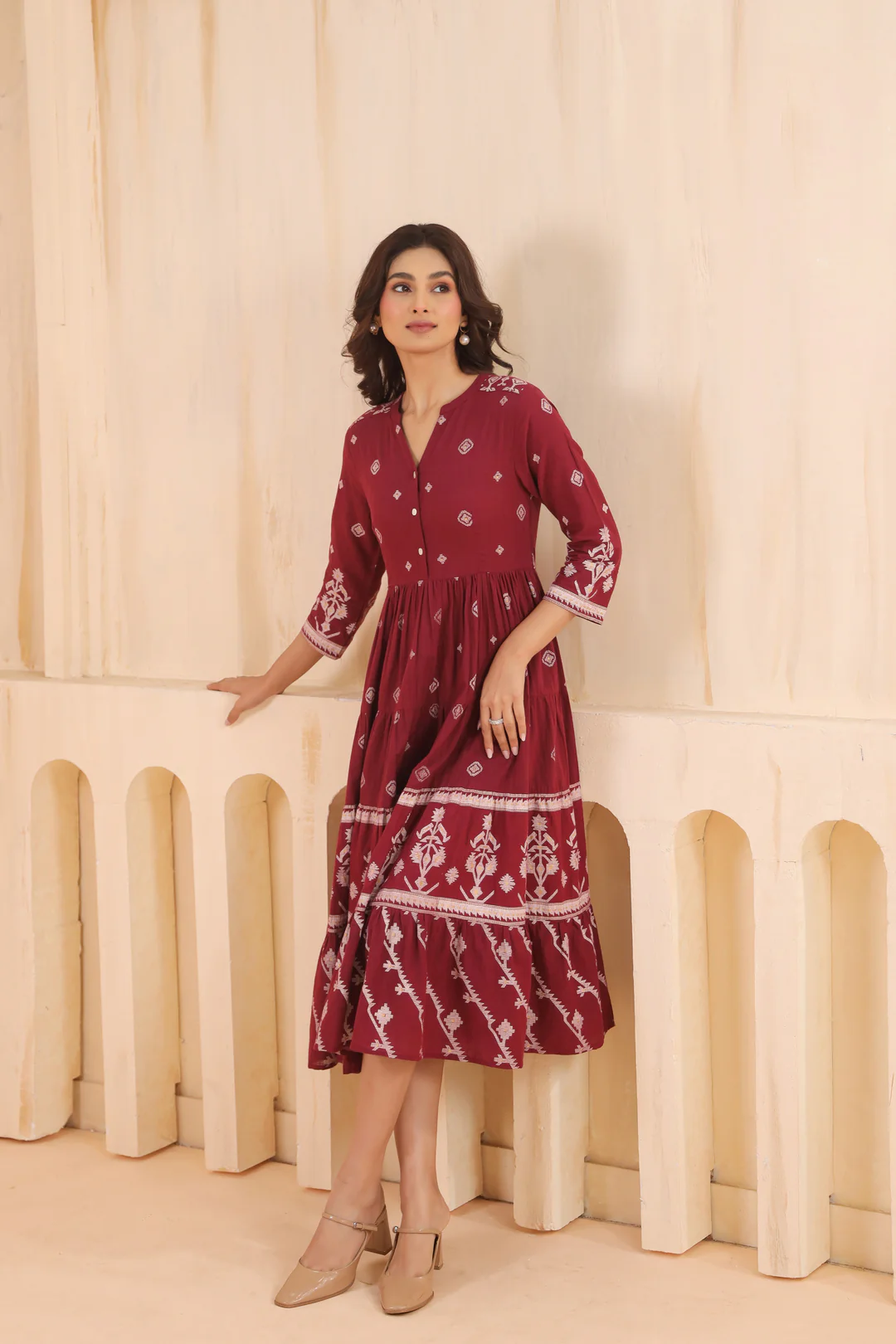Maroon Cotton Slub Printed Flared Dress