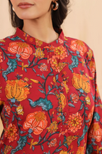 Red Cotton Printed Straight Kurta