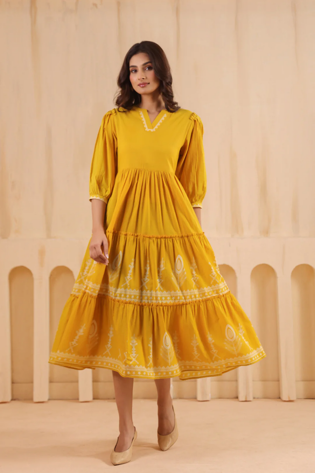 Yellow Cotton Printed Designer Flared Dress