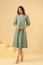 Green Cotton Embroidered A-Line Dress