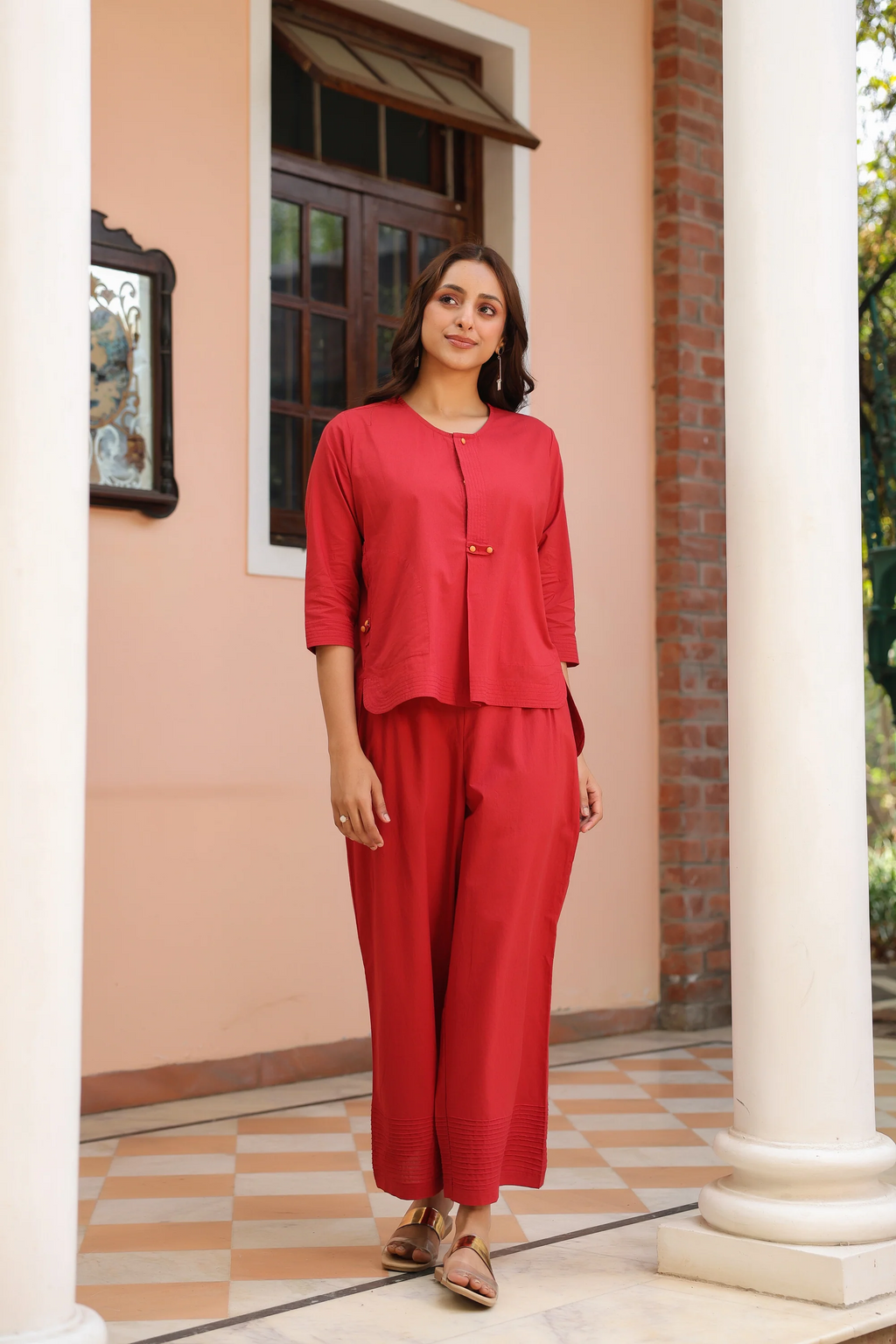 Red Cotton Detailed Co-Ord Set