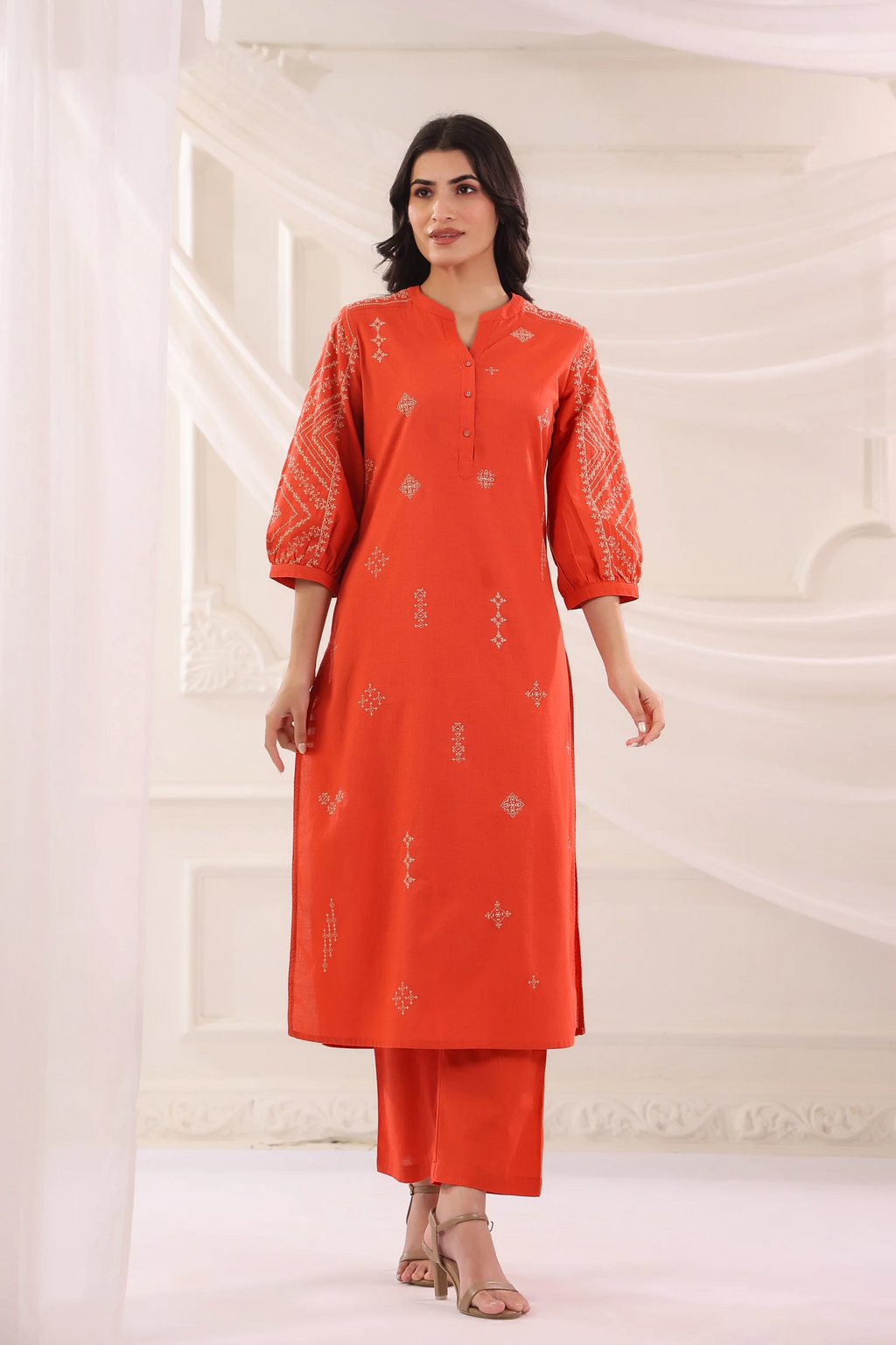 Rust Cotton Slub Embroidered Kurta Pant Set