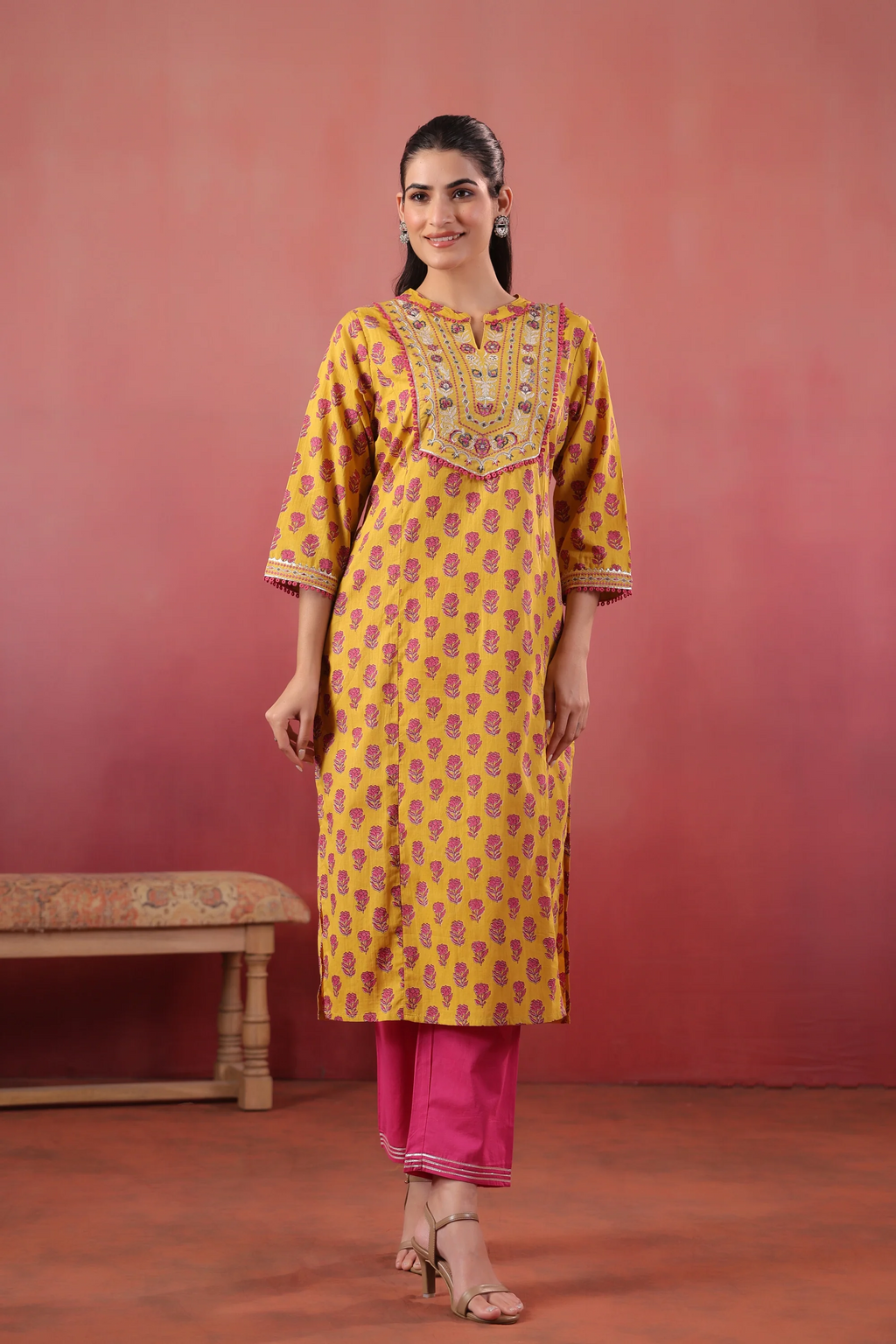 Yellow cotton Embroidery Designer Kurta pant Set