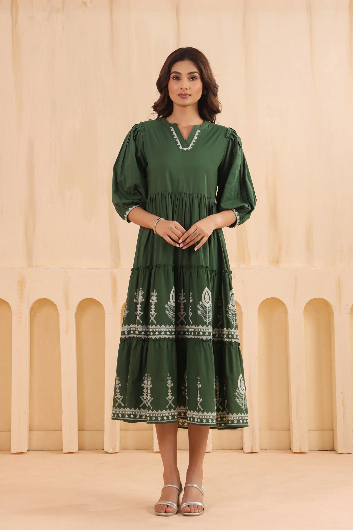 Green Cotton Floral Printed Designer Dress