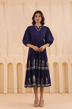 Blue Cotton Floral Printed Flared Dress