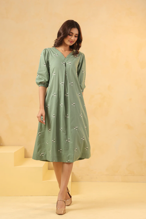 Green Cotton Embroidered A-Line Dress