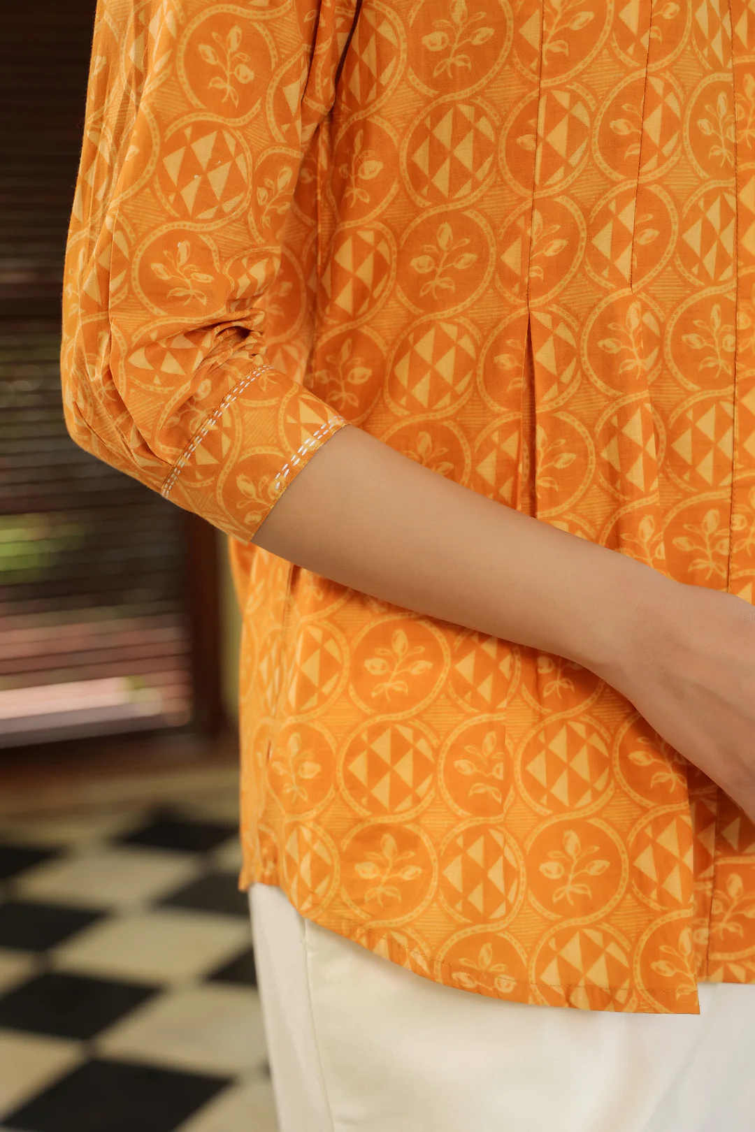 Mustard Cotton Detailed Printed Designer A-Line Top