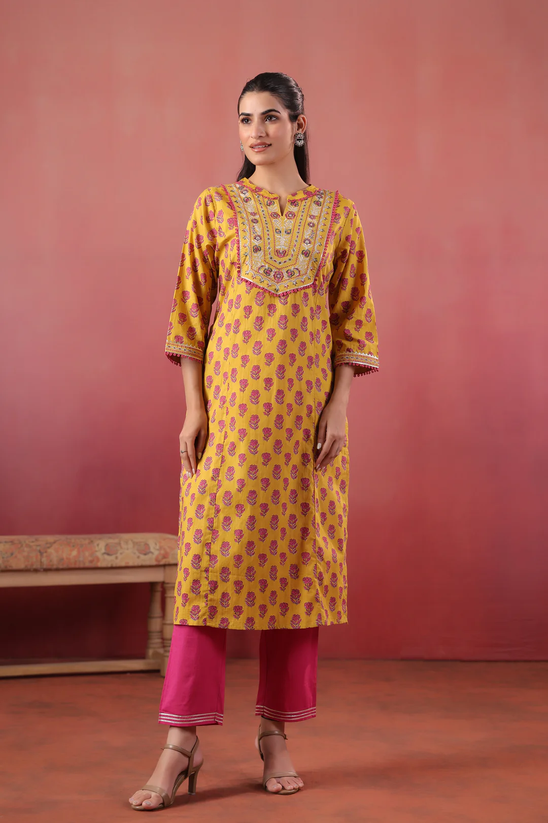 Yellow cotton Embroidery Designer Kurta pant Set