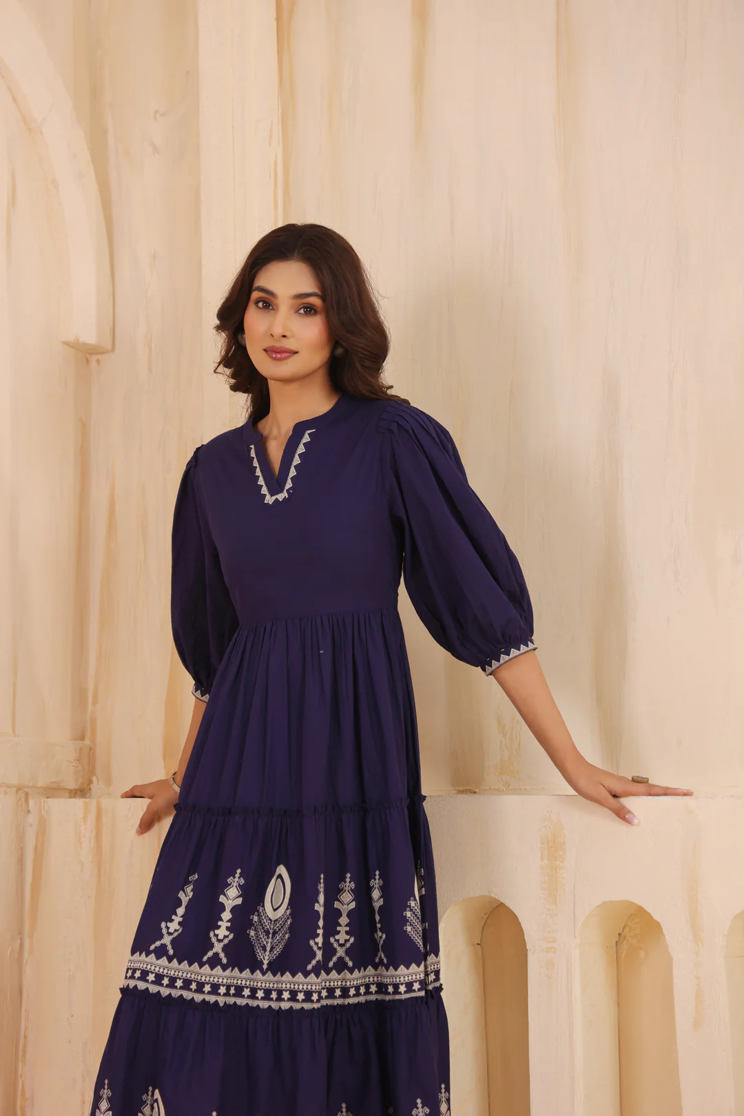 Blue Cotton Floral Printed Flared Dress