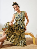 Women's Navy Blue Pure Cotton Floral Fit & Flare Dress