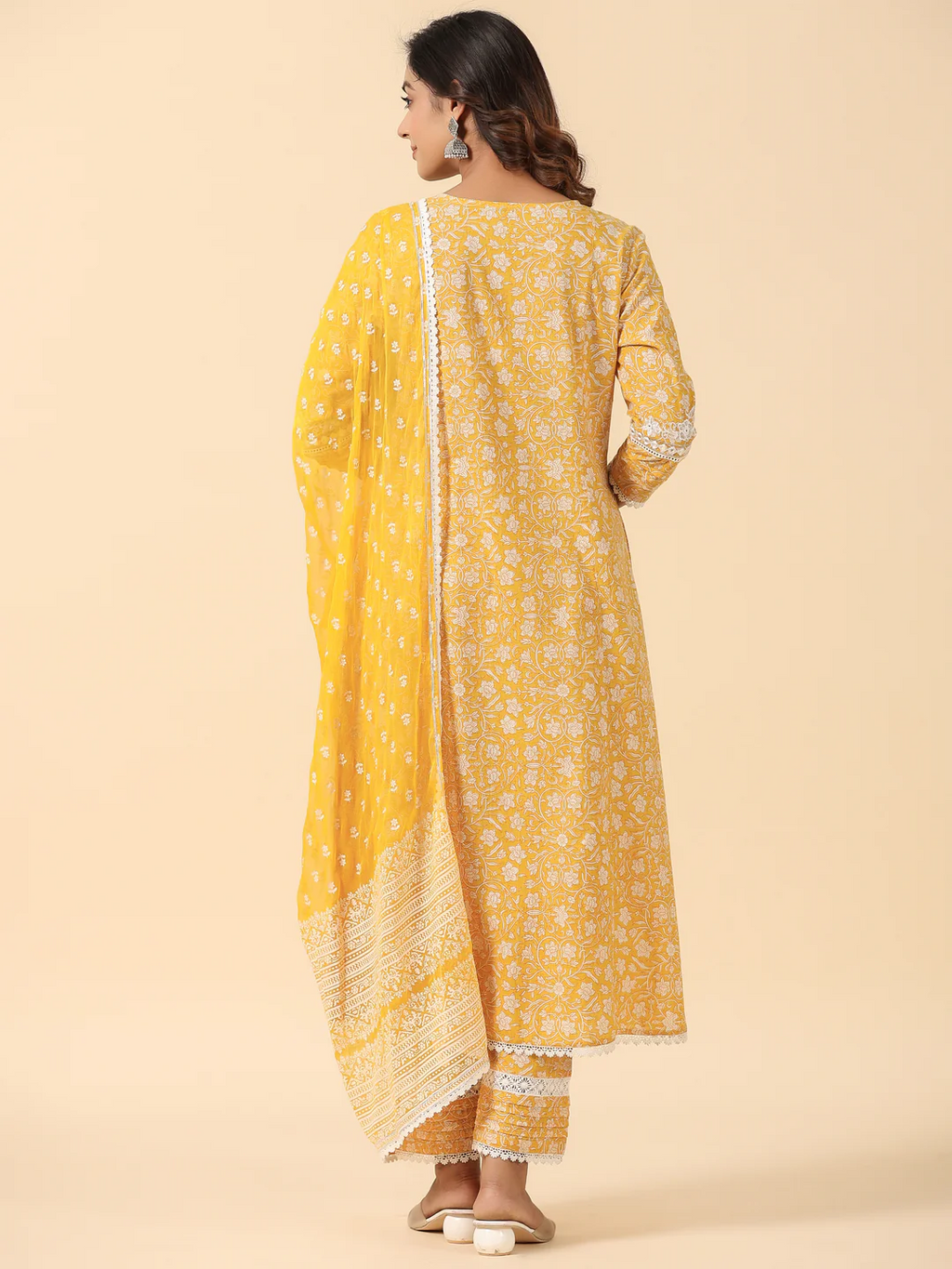 Yellow Cotton Hand Block Printed Embroidered A Line Kurta Pant Set with Dupatta