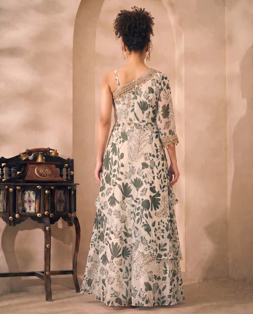 Multicolor Floral Printed Chiffon Lurex One Shoulder Tunic & Palazzo Indo Western Women Co-ord Set