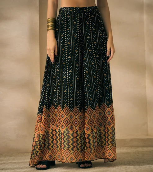 Halter Neck Bandhani Border Chiffon Kurta With Palazzo With Dupatta Indo Western Women's 3 Piece Set