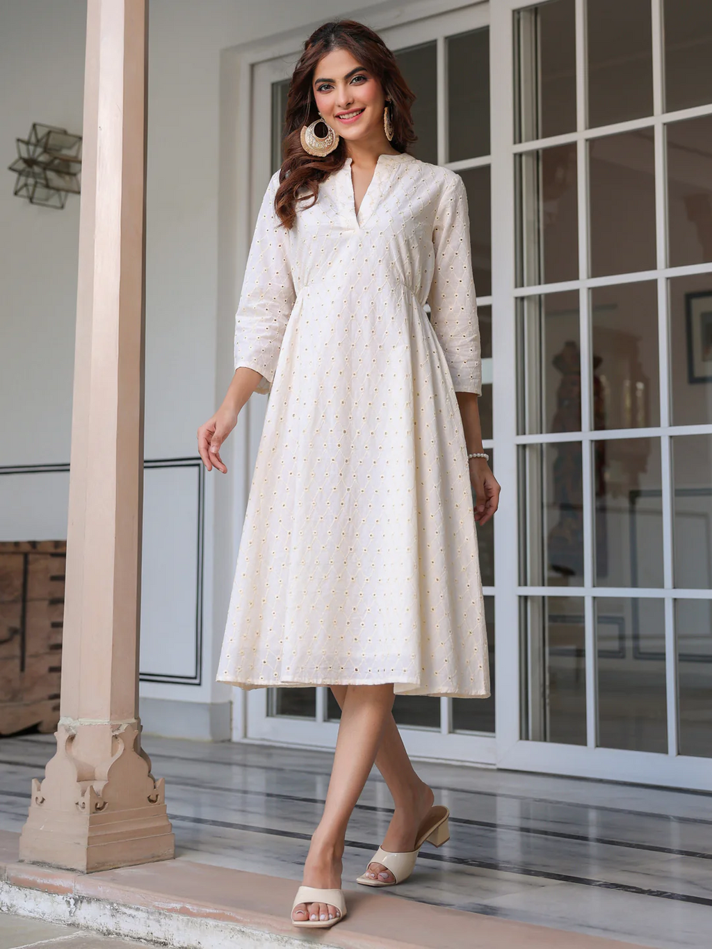Women's Off White Pure Cotton Schiffli A-Line Dress