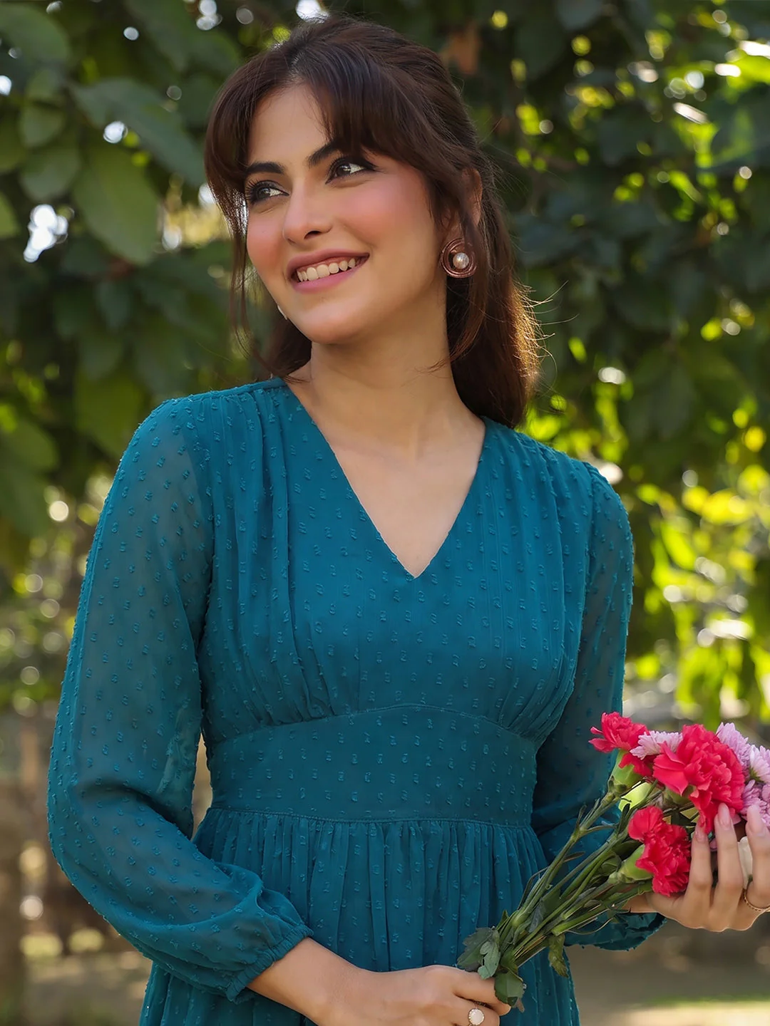 Women's Teal Blue Dobby Chiffon Self Design Fit & Flare Dress